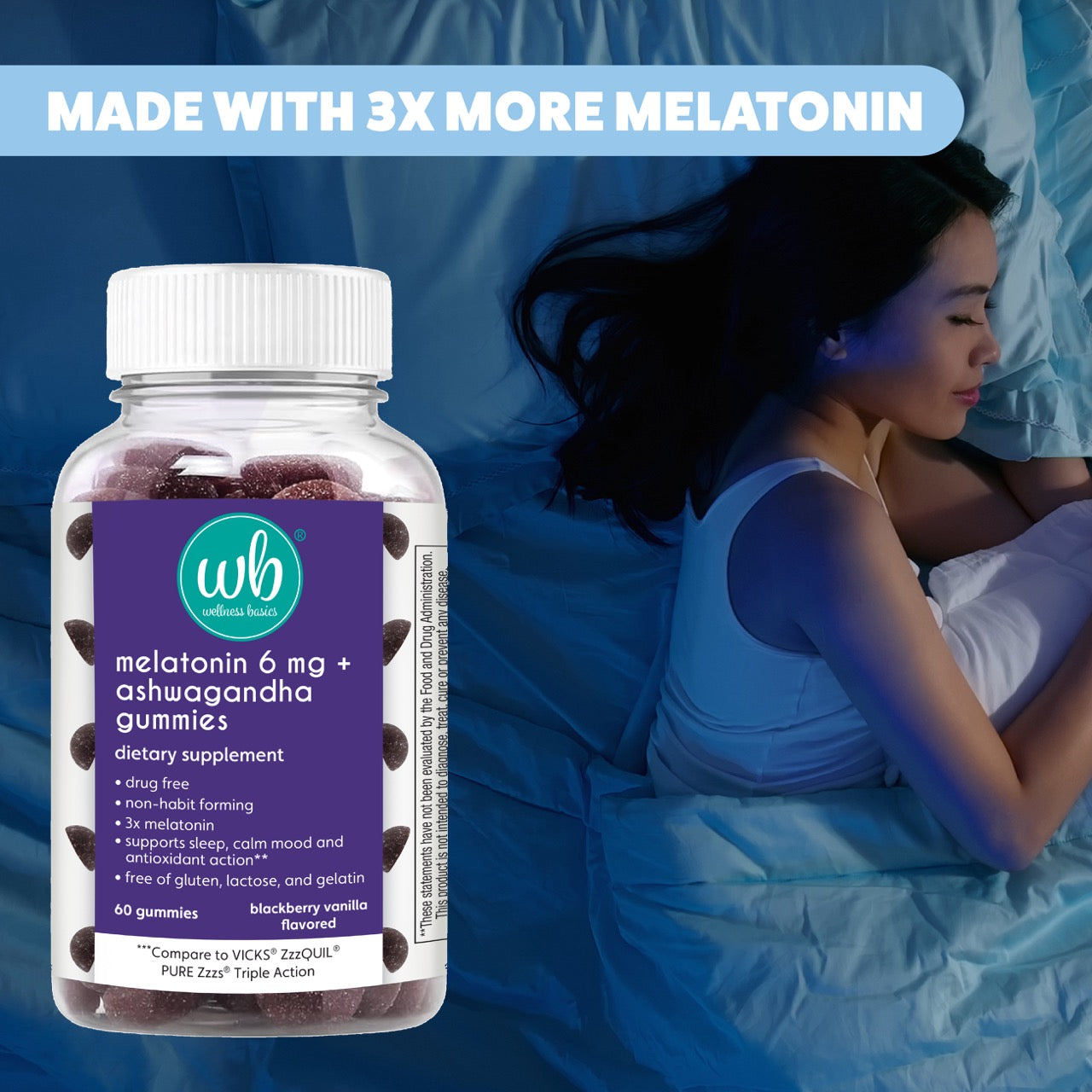 Triple Action Melatonin Gummies with Ashwagandha (6mg per Serving - 60 Count) 3X More Melatonin - Natural Sleep Support - BlackBerry Vanilla Flavor