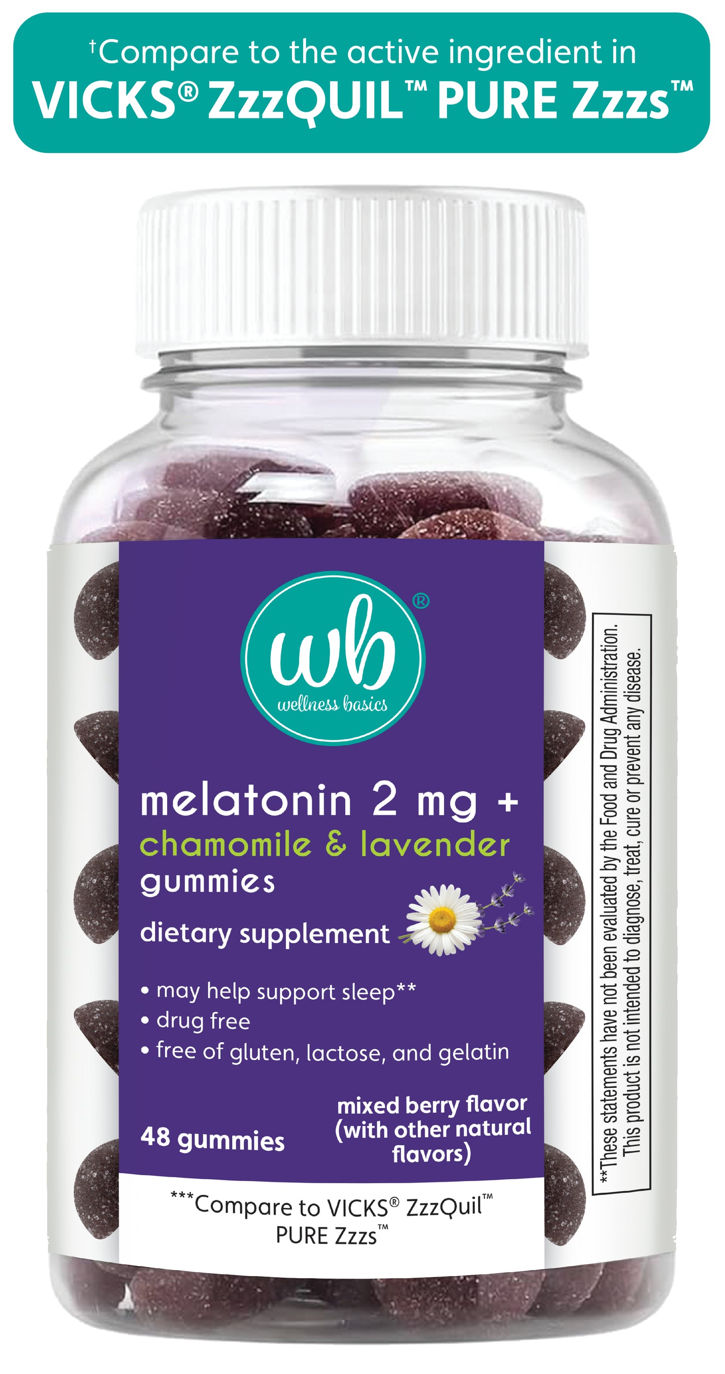 Melatonin Gummy with Lavender & Chamomile | Natural Sleep Support | Berry Flavor | 2mg Per Serving | 48 Count
