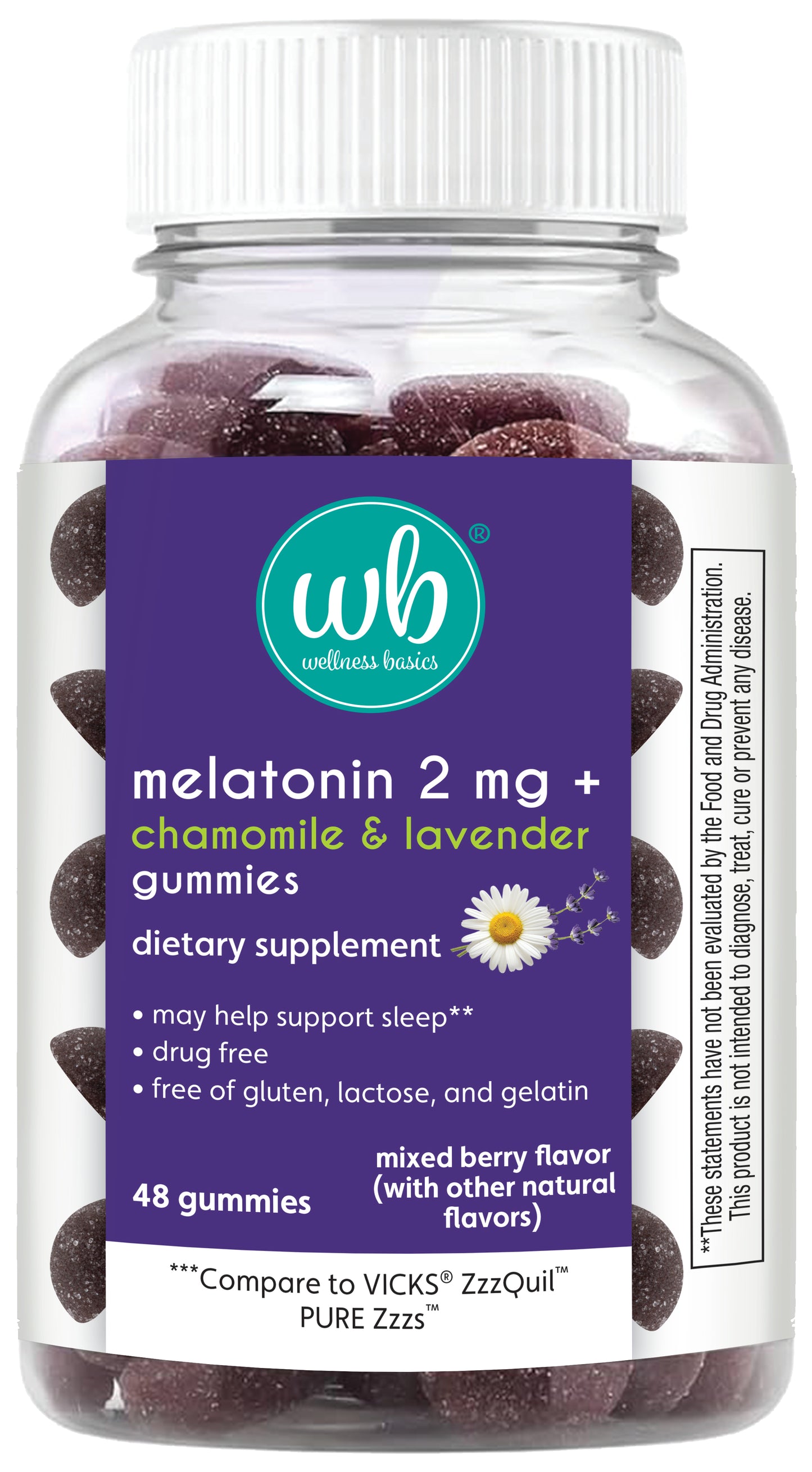 Melatonin Gummy with Lavender & Chamomile | Natural Sleep Support | Berry Flavor | 2mg Per Serving | 48 Count