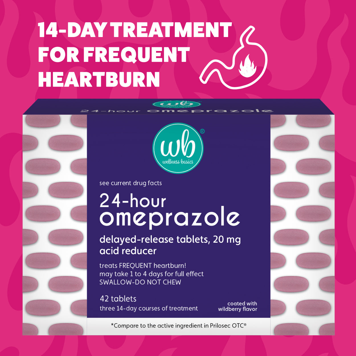 Omeprazole 20mg Delayed Release | Acid Reducer | 42 Count | Tablet | Treats Frequent Heartburn | Wildberry Flavor