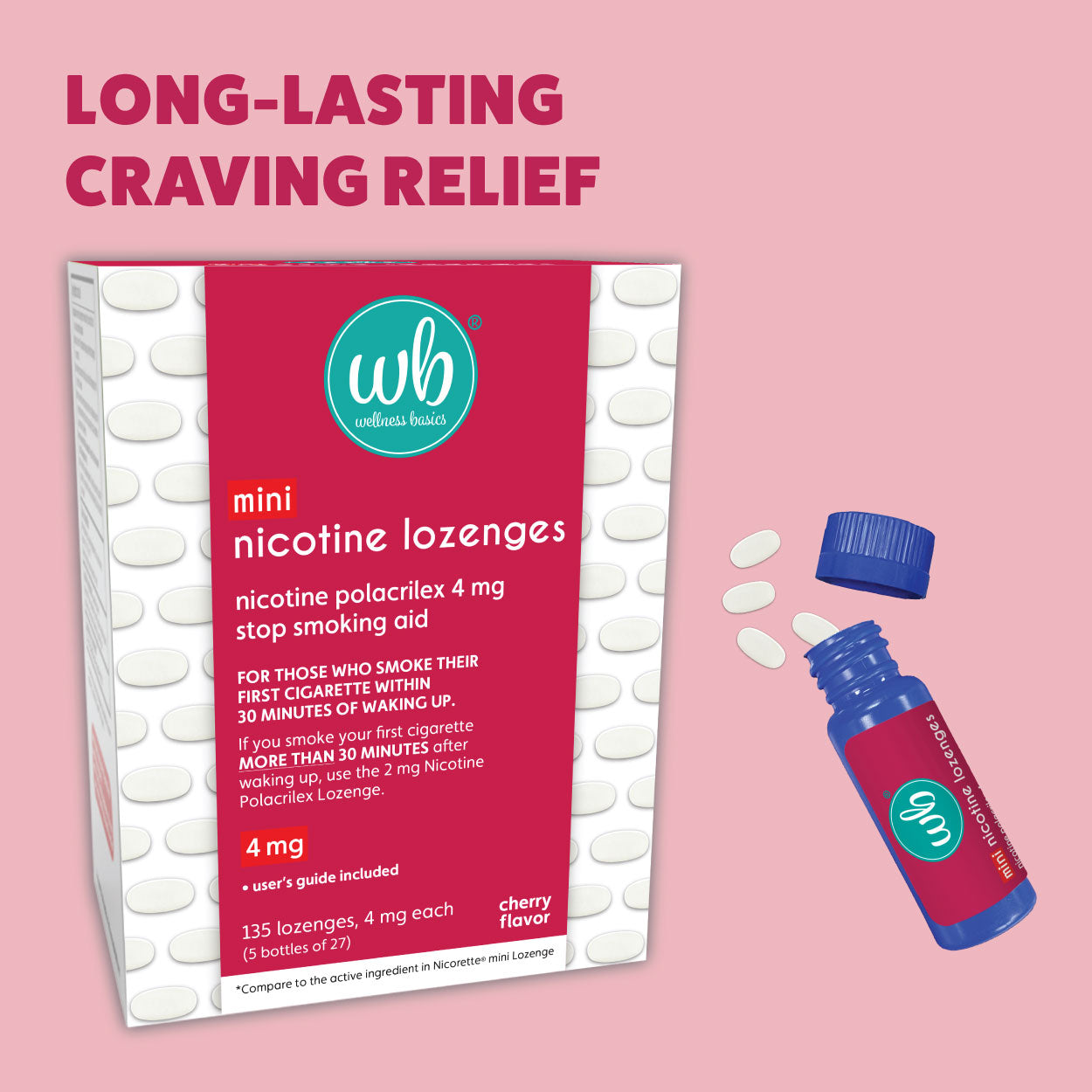 Mini Nicotine Lozenge 4mg | Stop Smoking Aid | Cherry Flavor | 135 Count | Pack of 5 Vials | Reduces Cravings & Withdrawal Symptoms