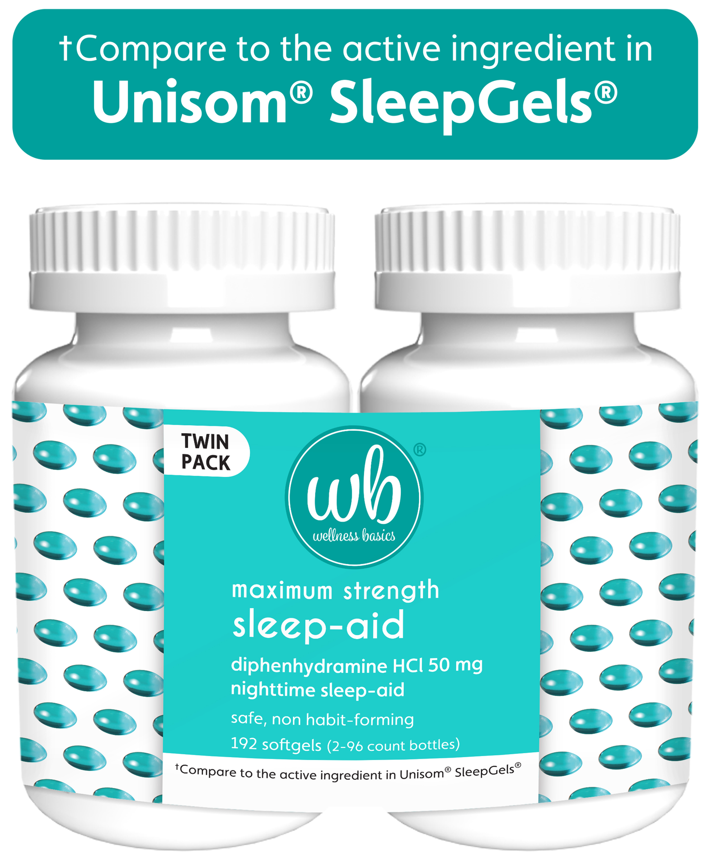 Sleep Aid | Maximum Strength Diphenhydramine HCl 50 mg | Non-Habit Forming | Twin Pack -192 Total Softgels for Restful Sleep